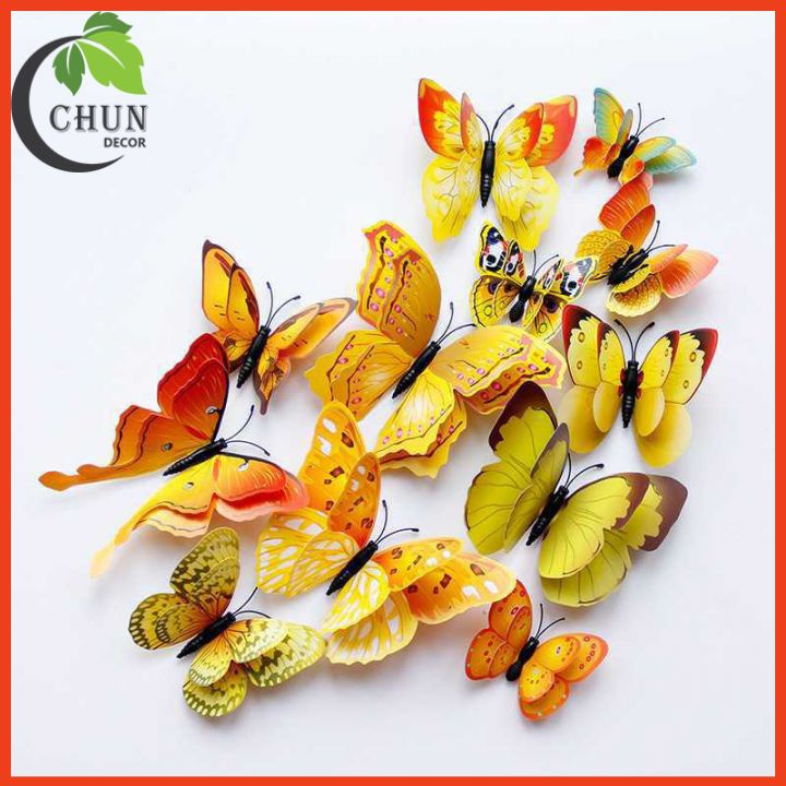 Bộ 12 decal dán tường hình bướm 3D cánh đơn, cánh kép đế nam châm trang trí cửa kính, tủ quàn áo, giỏ hoa, ảnh treo châm
