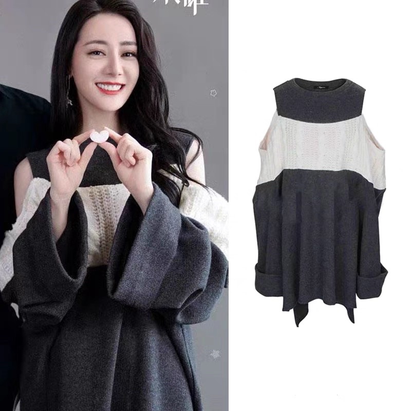 đầm len hở vai Địch Lệ Nhiệt Ba