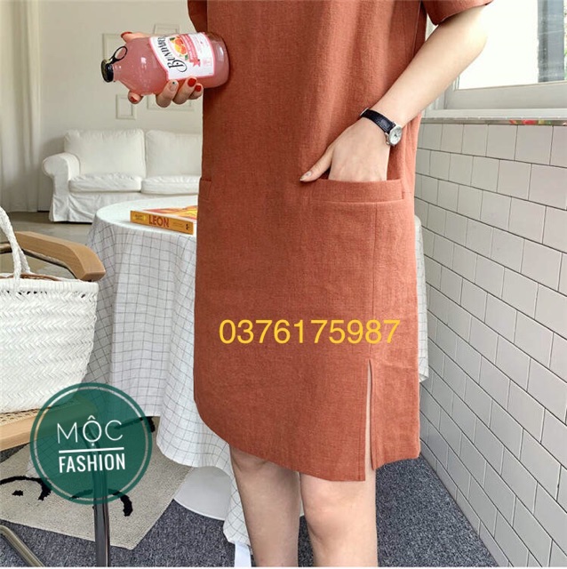 Váy linen dáng suông  cổ tim túi cơi xẻ đùi đủ size S đến XL 44 - 63kg