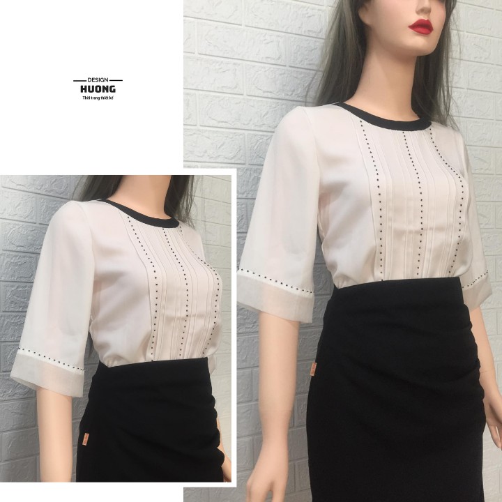 Áo kiểu cổ tròn phối đen - trắng, đính hạt cườm, Áo phong cách