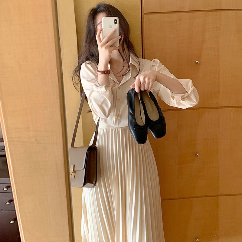 (ORDER) Váy sơ mi cổ bẻ thắt eo xòe dài xếp ly sang trọng style công sở thanh lịch Hàn Quốc nhẹ nhàng