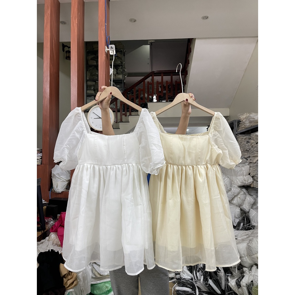 Đầm tiểu thư cổ vuông tay bồng, Váy voan nữ sang chảnh dáng xòe mặc đi chơi đi tiệc