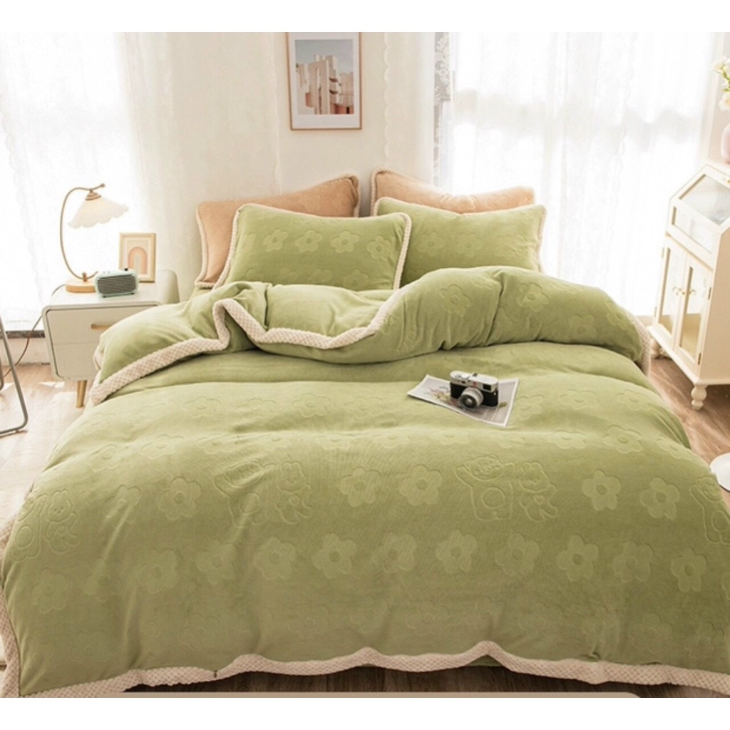 SÉT 4 MÓN NỈ NHUNG GẤU HOA VIỀN DỆT THỪNG,CHẤT NHUNG MỊN IN GẤU CHÌM CAO CẤP  - loại 1