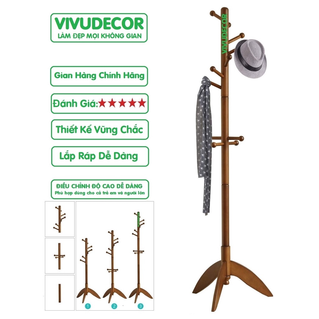 Cây Treo Quần Áo Vivudecor 100% Gỗ Tự Nhiên, Cây Treo Đồ AN 10 Nhánh Lắp Ráp Xuất Khẩu Hàn Quốc.