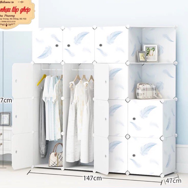 Tủ nhựa ghép 14 ô kèm 2 ô góc sâu 47cm. Tặng 2 móc treo. Thân lông vũ toàn bộ.