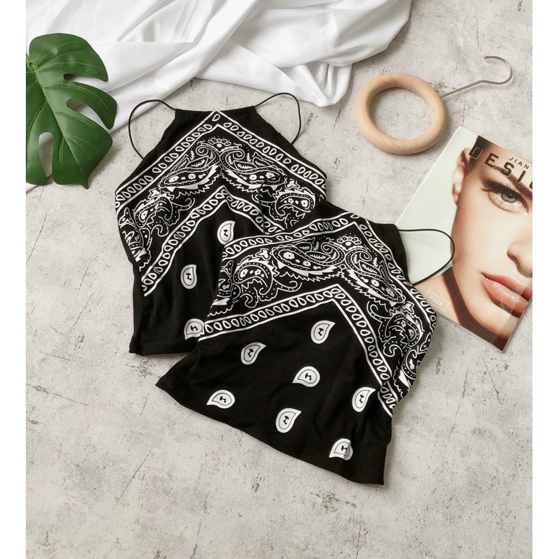 Áo Croptop Cổ Yếm Thổ Cẩm có Mút Ngực