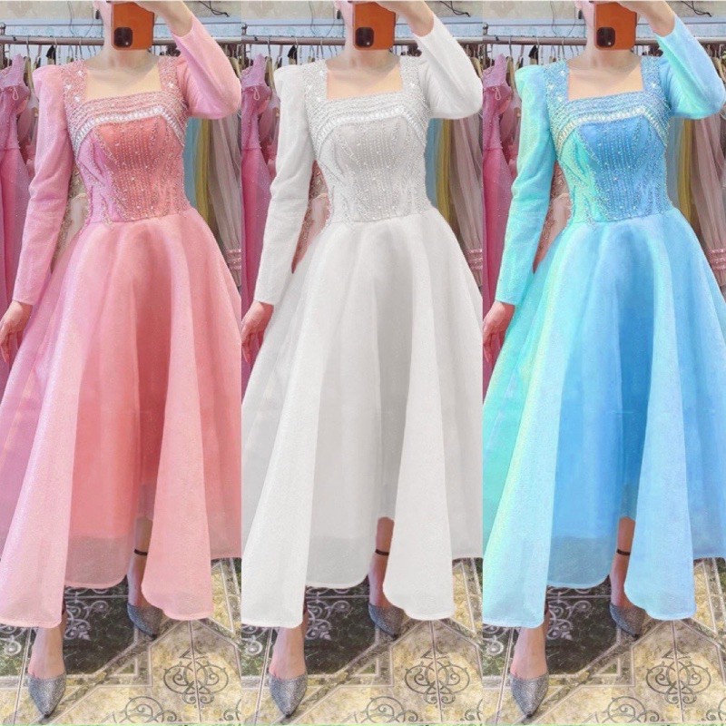 Đầm dự tiệc cổ vuông tay dài kết cườm sang trọng TRIPBLE T DRESS -size M/L (kèm ảnh/video thật) MS153Y