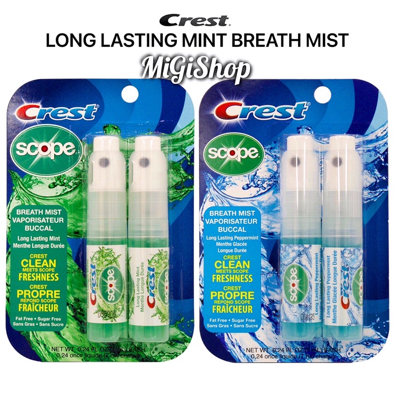 [Hàng Mỹ] Xịt Thơm Miệng Crest Scope Long Lasting Mint Breath Mist (vỉ 2 chai x 7ml)