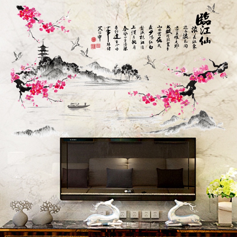 Decal dán tường Hoa đào sơn thủy