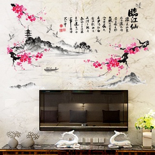 Decal dán tường Hoa đào sơn thủy
