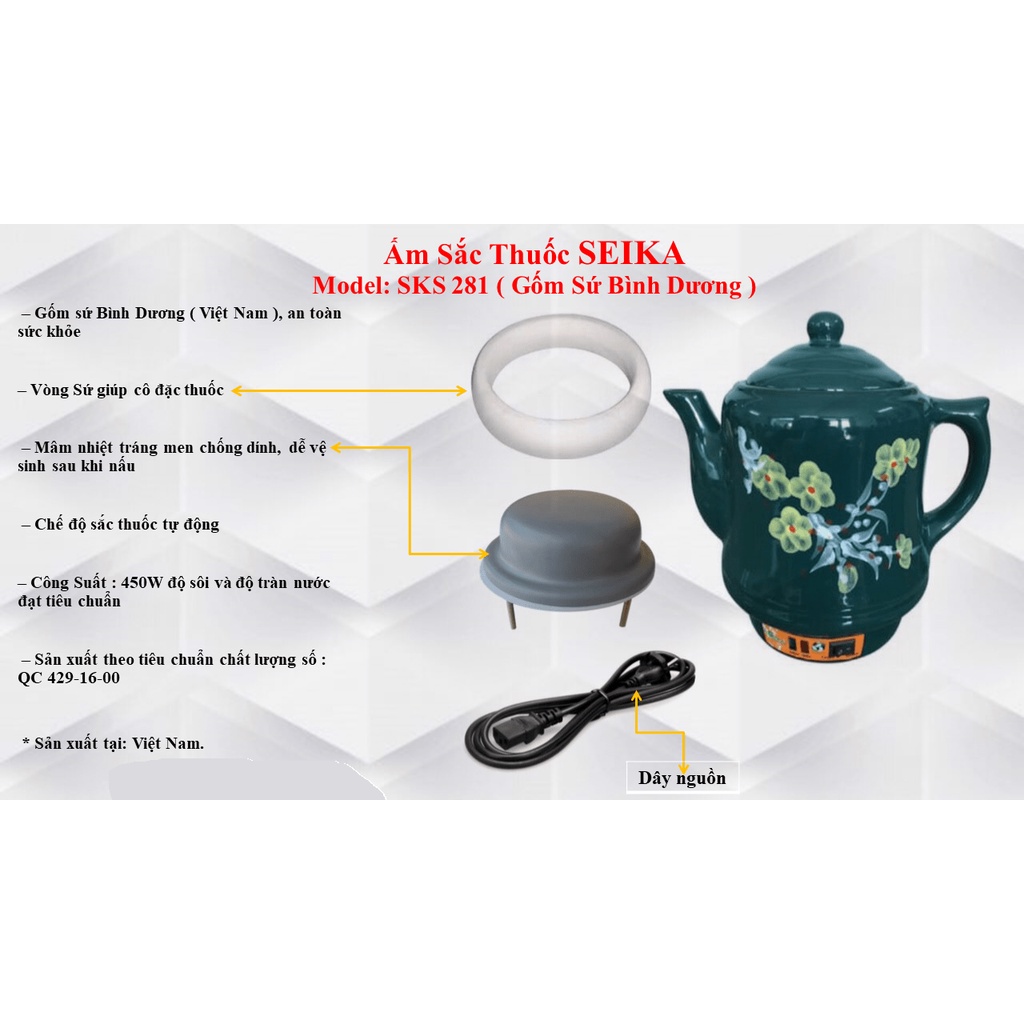 Siêu sắc thuoc tự động SEIKA 2.8L hàng xuất Nhật Bản gốm sứ cao cấp tráng men chống dính