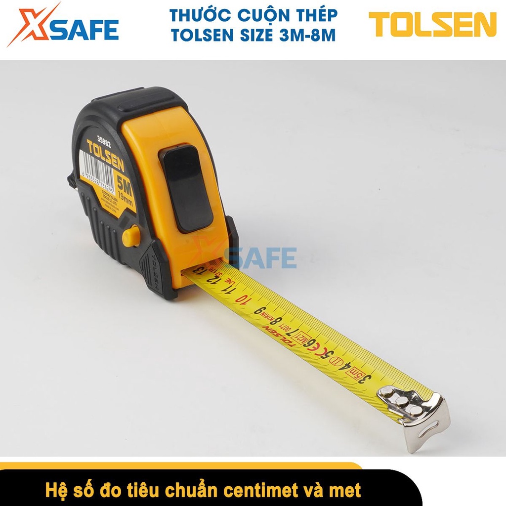 Thước cuộn thép nền vàng TOLSEN 3m-8m, thước dây cuốn tự động chất liệu ABS cứng chắc chống va đập, hệ đo cm và m[XSAFE]