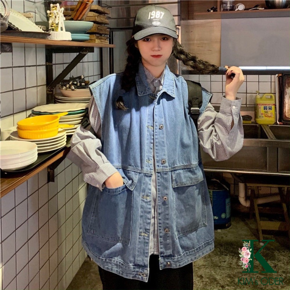 Áo khoác bò gile nam nữ dáng rộng unisex phong cách Ulzzang Hàn Quốc dáng rộng hai màu xanh đen chất jean đẹp