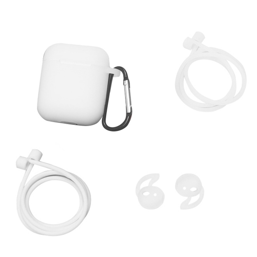 Bộ 4 món vỏ nhựa bọc hộp đựng tai nghe bluetooth+núm gắn tai+móc khóa+dây đeo chống mất cho Airpods