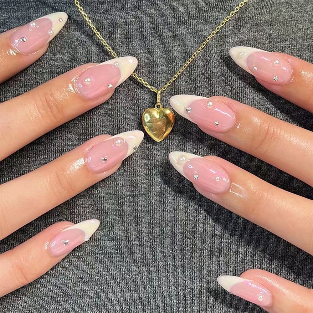 Set 24 móng tay giả YADORNOS đính đá và ngọc trai giả phong cách Pháp thanh lịch cho nữ