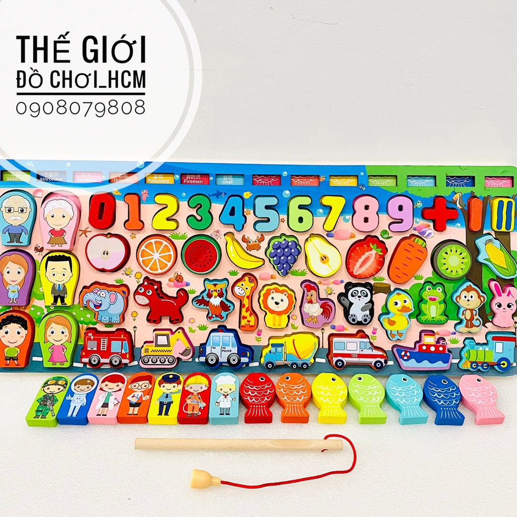 [BỔ ÍCH-MONTESSORI] Bộ đồ chơi gỗ đa năng câu cá học chữ số, nhận biết người, các loại hoa quả, xe