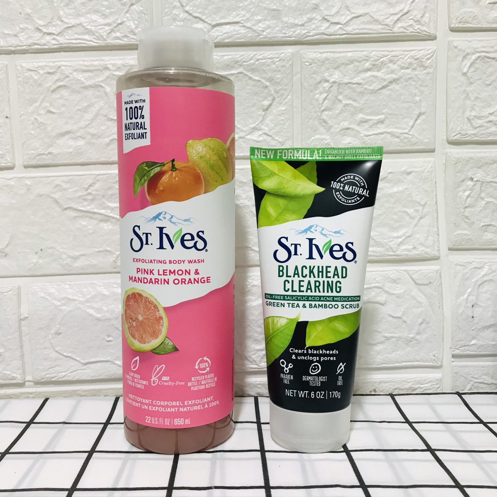 Combo Sữa tắm St.Ives Cam Chanh 650ml và Sữa rửa mặt tẩy tế bào chết St.Ives Trà Xanh 170g