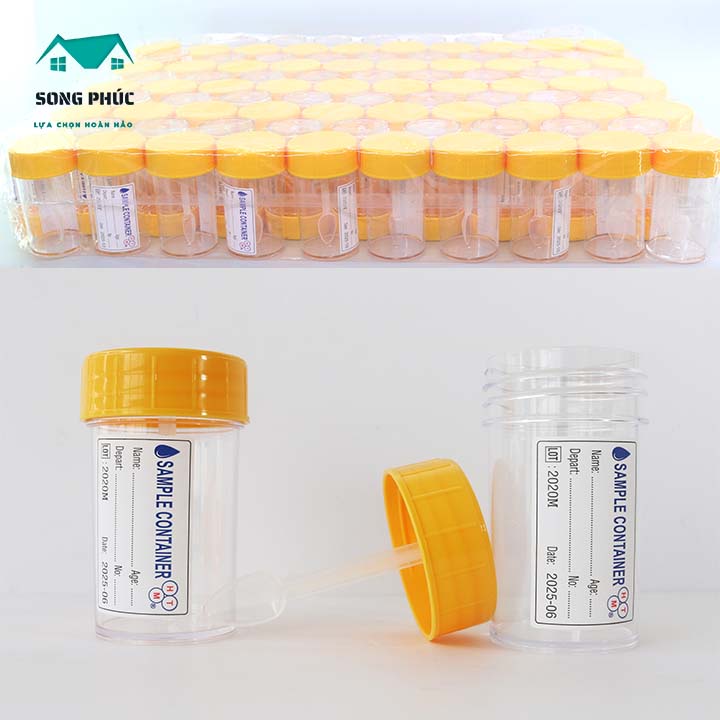 Lọ nhựa đựng mẫu nắp vàng có nhãn có muỗng túi 5 cái