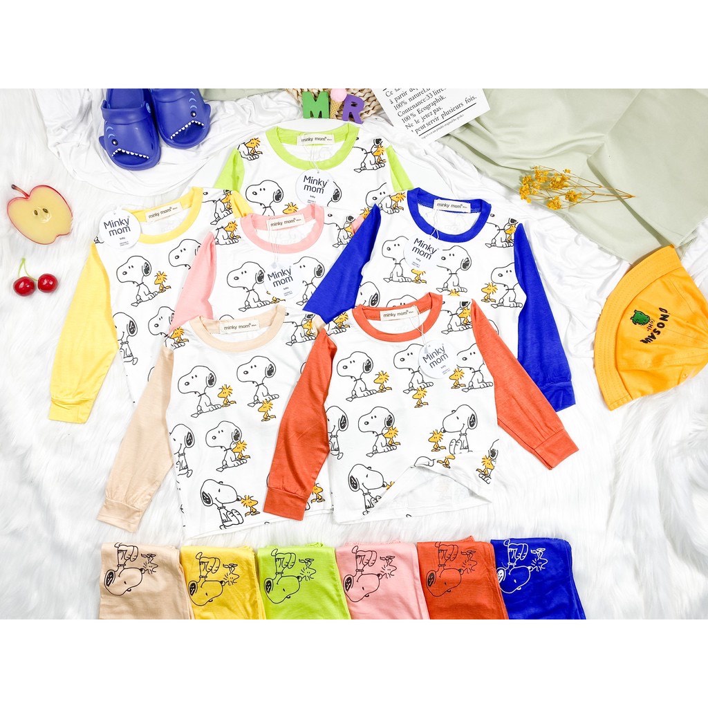 Bộ Dài Tay Thun Lạnh MINKY MOM In Thân Áo Trắng Hình Chó Snoopy Dễ Thương, Phối Màu Tay Áo, Quần Màu Trơn Cho Bé