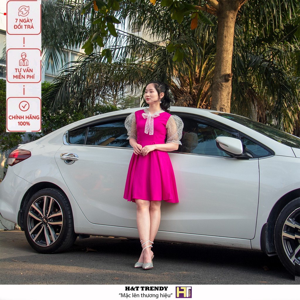 Váy xòe bánh bèo phối ren cổ nơ kèm phụ kiện eo nhúm may 2 lớp thời trang nữ cao cấp HT TRENDY