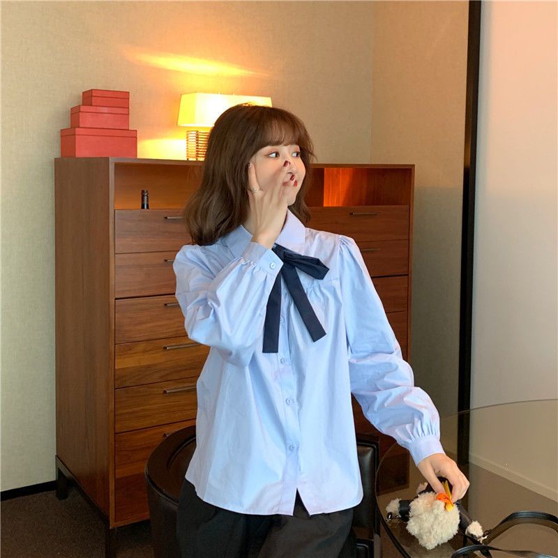 Áo Sơ Mi Tay Dài Phồng Dáng Rộng Thắt Nơ Phong Cách Preppy Ngọt Ngào Siêu Nữ Tính