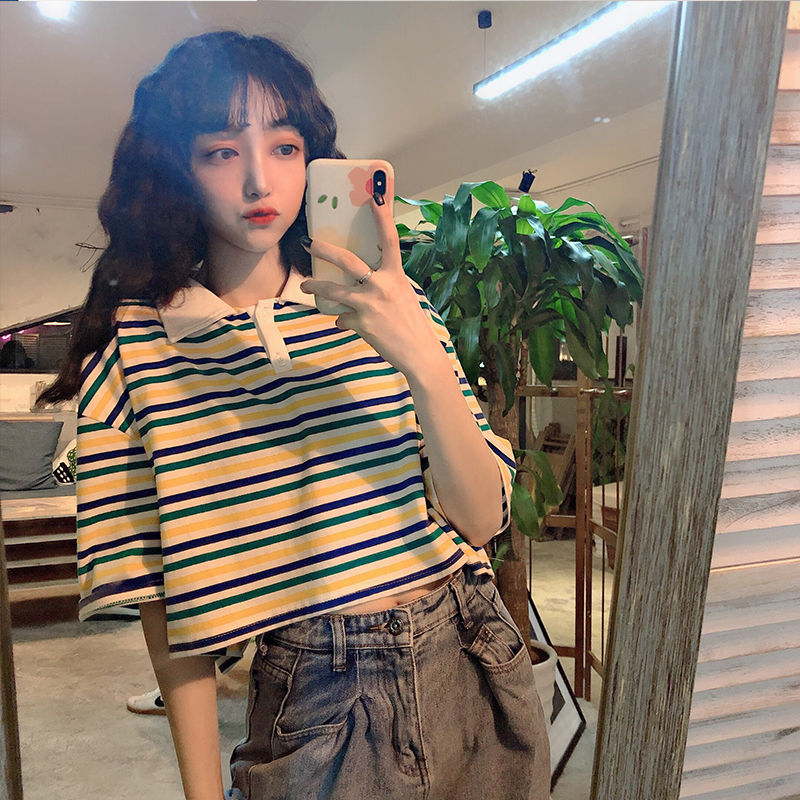 Áo thun ngắn tay có cổ phong cách Hàn Quốc thời trang năng động cho nữ