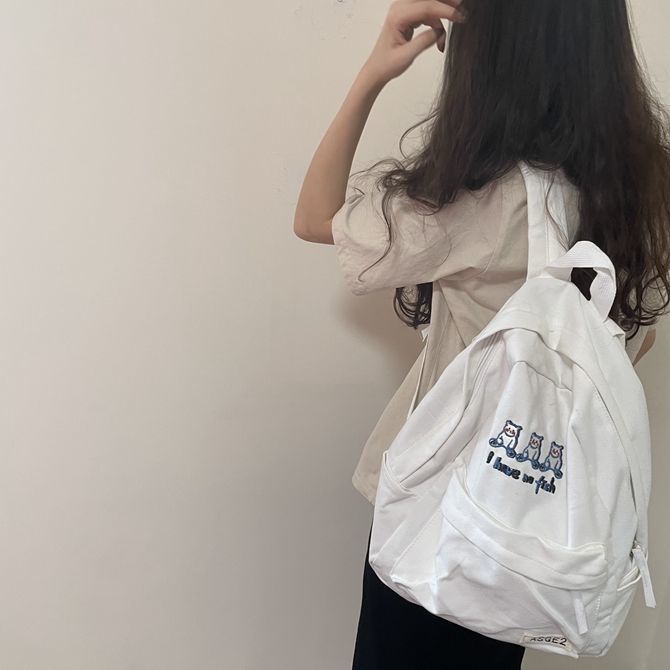 Ba lô canvas thêu hình gấu dễ thương cho nữ