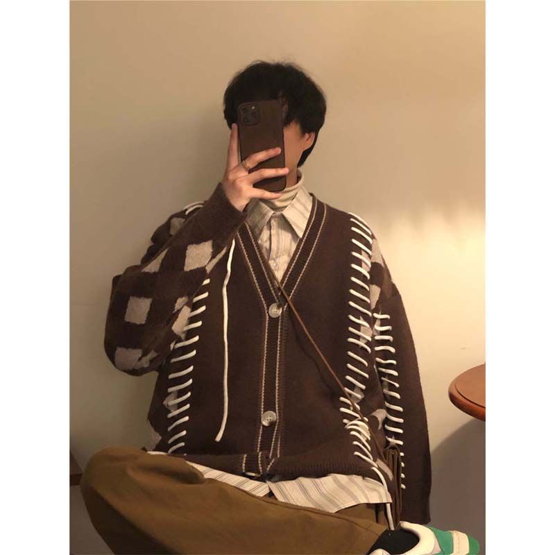 Áo cardigan Dệt Kim Cổ Chữ v Màu Sắc Tương Phản Phong Cách retro Nhật Bản Cho Nam Giới