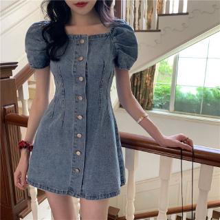 Đầm Denim Tay Phồng Cổ Vuông Lưng Cao Phong Cách Hàn Quốc Thời Trang Cho Nữ