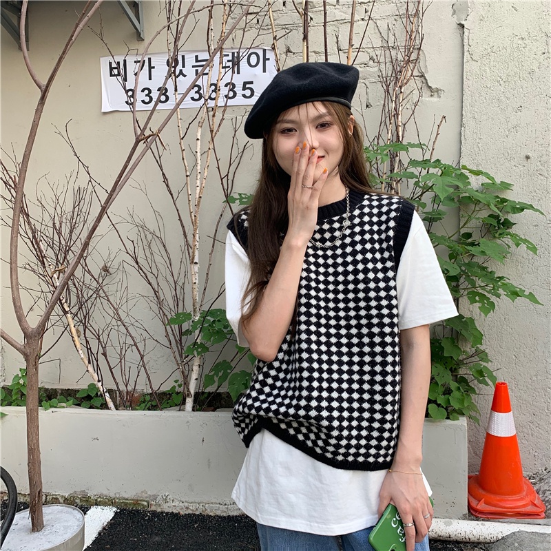 Áo dệt kim sát nách cổ tròn sọc ca rô thời trang cá tính | BigBuy360 - bigbuy360.vn