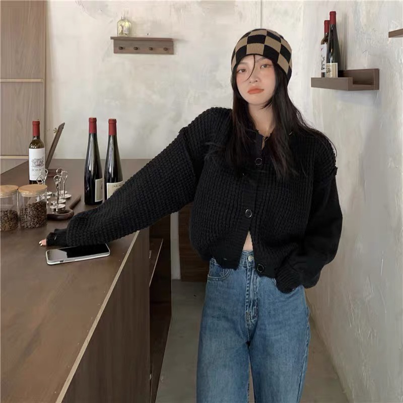 Áo khoác len croptop Forgirl tay bồng phối viền xẻ