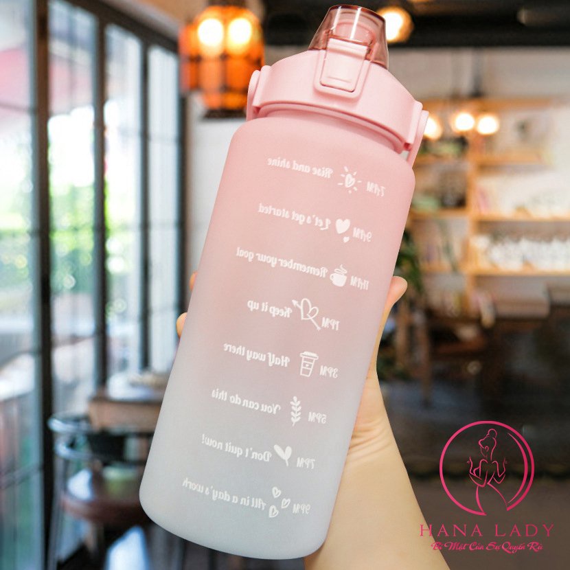 Bình nước thể thao tập gym - Bình đựng nước ombre đáng yêu 2L có vạch báo giờ uống nước tiện dụng