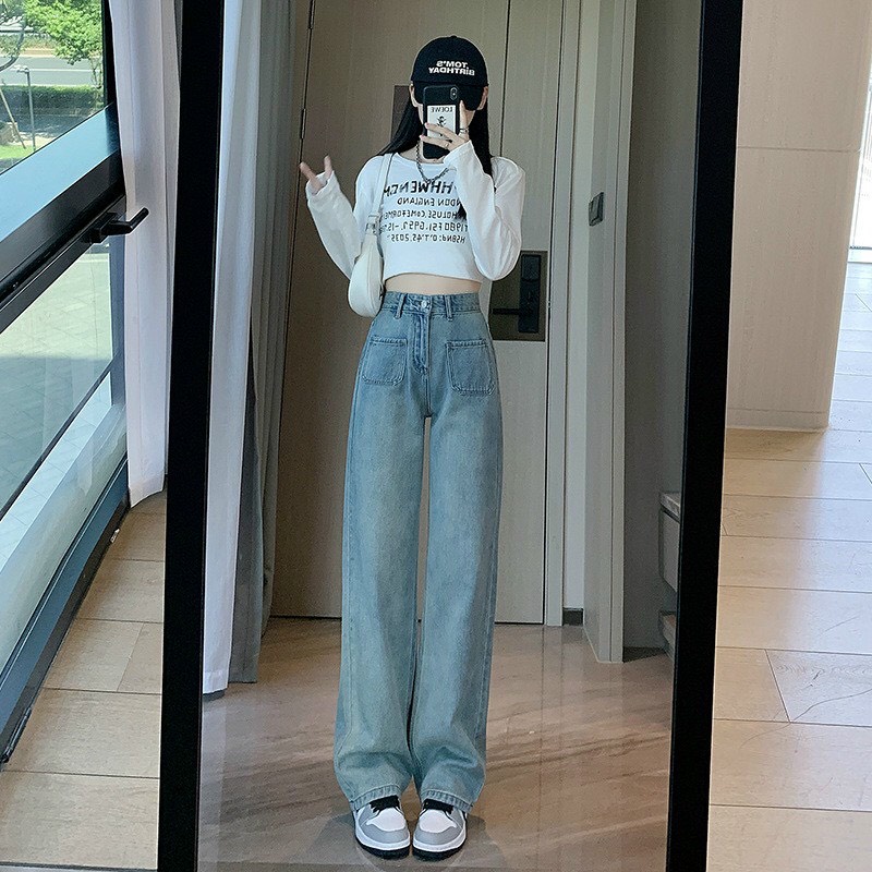 [ORTD5201] QUẦN JEANS ỐNG RỘNG NỮ LƯNG CAO 2 TÚI VUÔNG TRƯỚC XANH NHẠT LAI CUỐN TÔN DÁNG ĐẲNG CẤP VẢI DÀY DẶN CÁ TÍNH