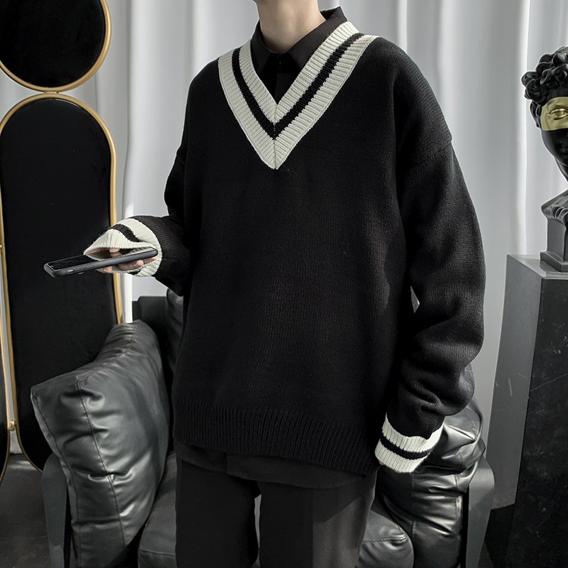 Áo len unisex cổ V mix sọc 2 màu đen - trắng