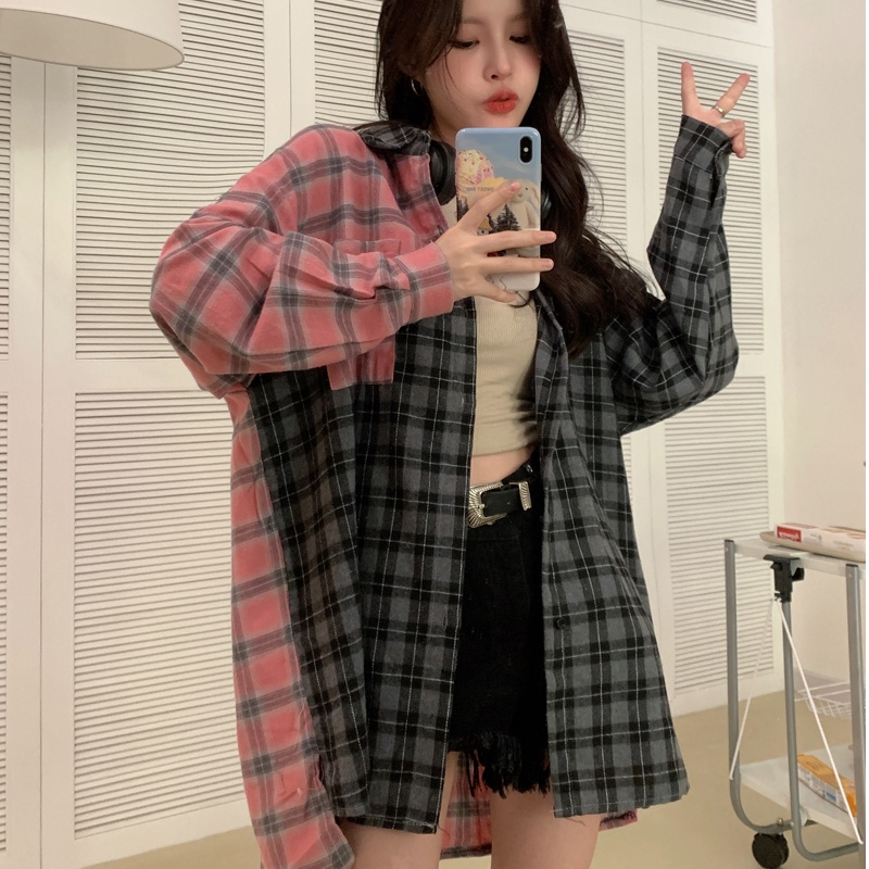 SUXI Áo Sơ Mi Caro Tay Dài Dáng Rộng Phong Cách Vintage Cho Nữ