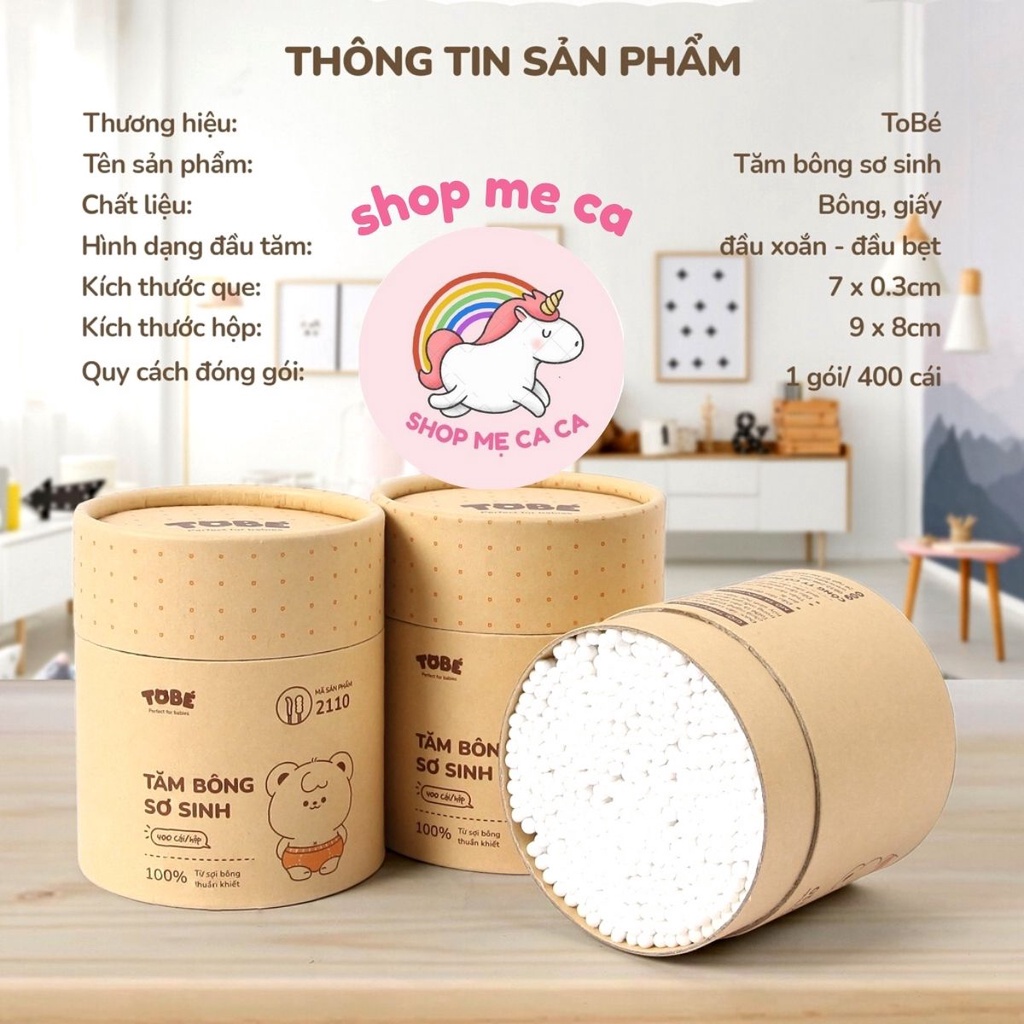 Tăm bông TOBE đầu nhỏ cho bé sơ sinh Hộp 400 chiếc, được làm từ 100% sợi bông thuần khiết rất an toàn với trẻ sơ sinh