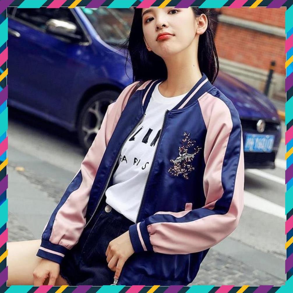 TẶNG NÓN- Áo khoác dù Bomber dây kéo  thêu hoa anh đào, form Hàn Quốc unisex cho nam nữ- K | BigBuy360 - bigbuy360.vn