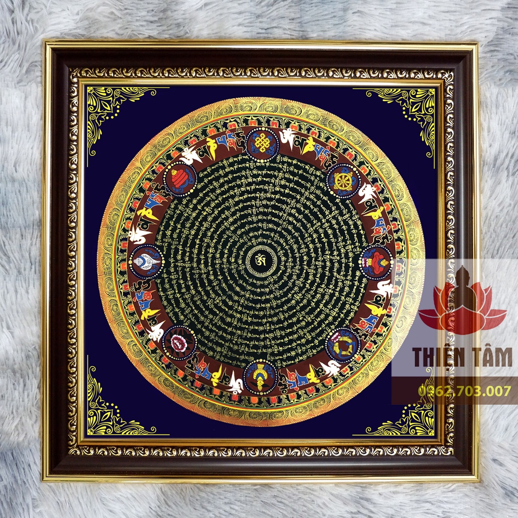 Tranh Om Mani Padme Hum  Mandala 36x36cm bằng vải phủ bóng, khung composite xịn xò
