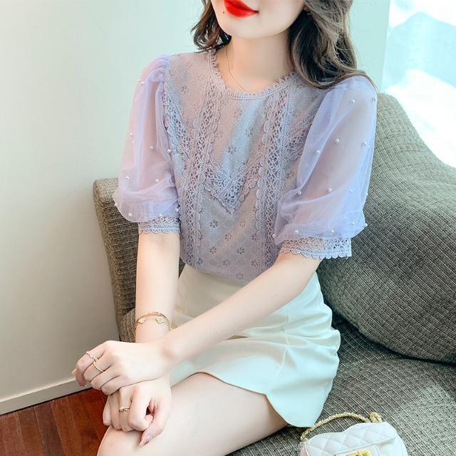 Áo Kiểu Tay Ngắn Phồng Cổ Tròn Phối Ren Đính Hạt Phong Cách Phương Tây 6601