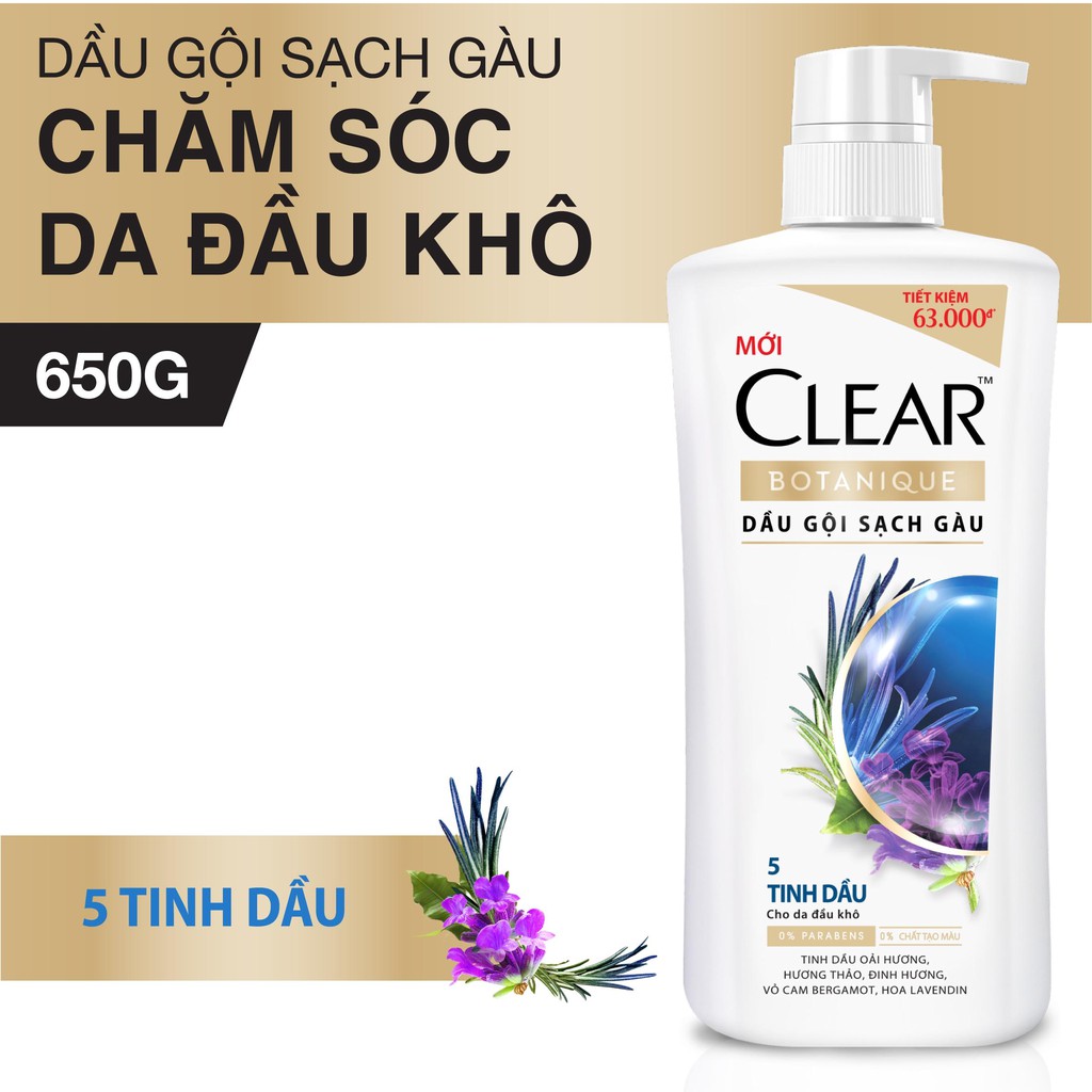 Dầu Gội Clear Botanique 5 Tinh Dầu/ 3 Hạt Siêu Dưỡng 630g