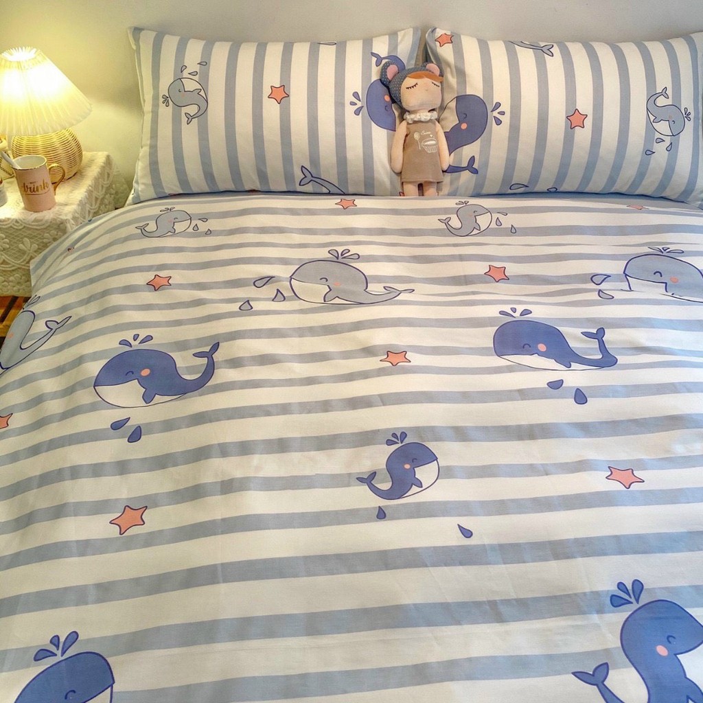 set CÁ HEO KHÓC KẺ XANH NƯỚC BIỂN bộ Chăn Ga Gối 4 món COTTON LIVING 100% nhập khẩu HÀN QUỐC