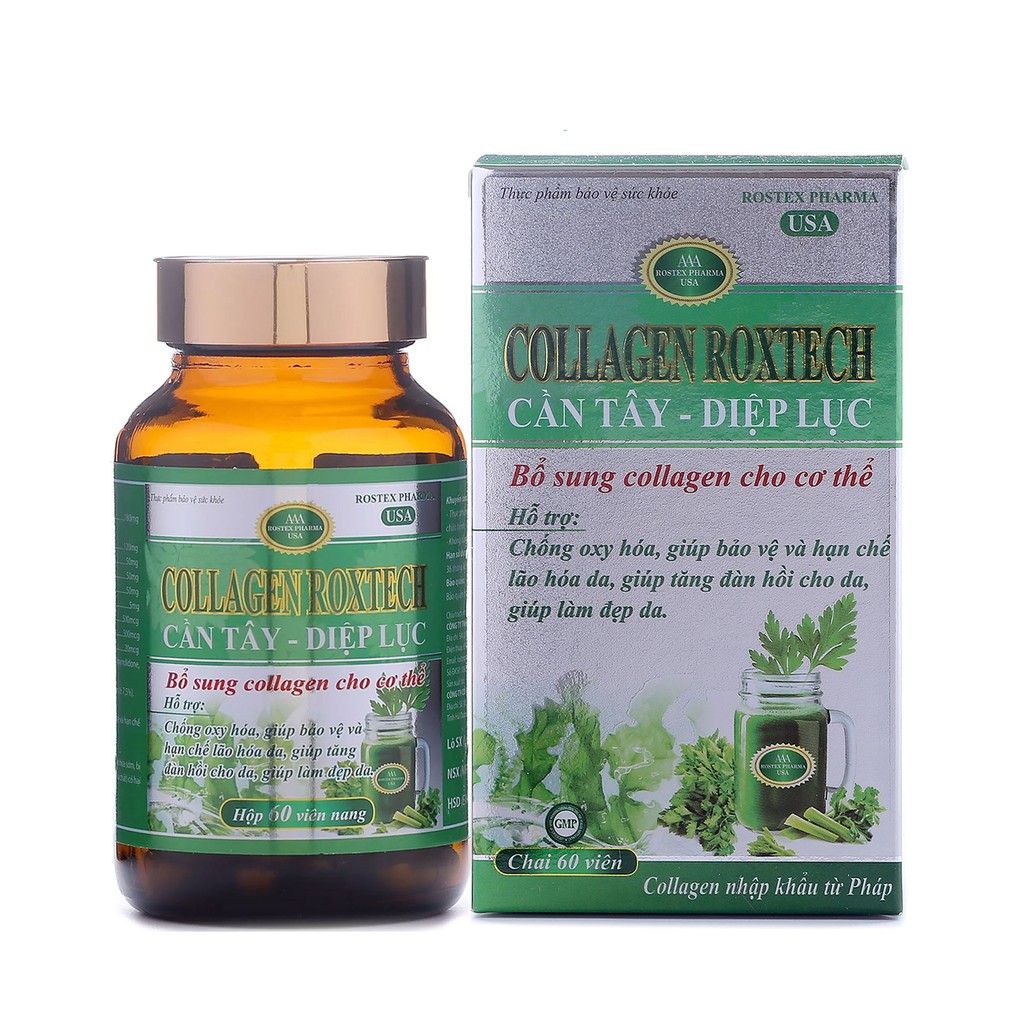 Viên uống đẹp da Collagen Roxtech Cần Tây Diệp Lục giảm nám sạm da, chống lão hóa - Chai 60 viên