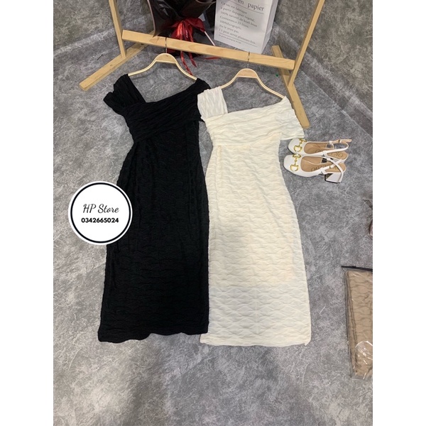 Váy lệch vai body chất xốp mềm siêu tôn dáng 3 màu