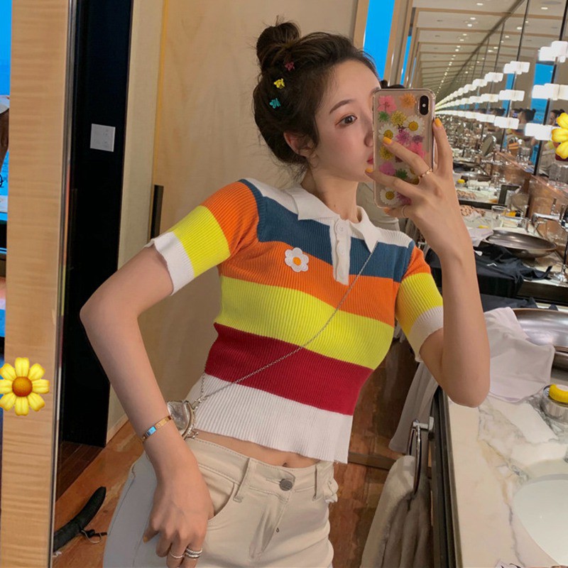 Áo thun polo nữ sọc ngang phối màu tương phản | BigBuy360 - bigbuy360.vn