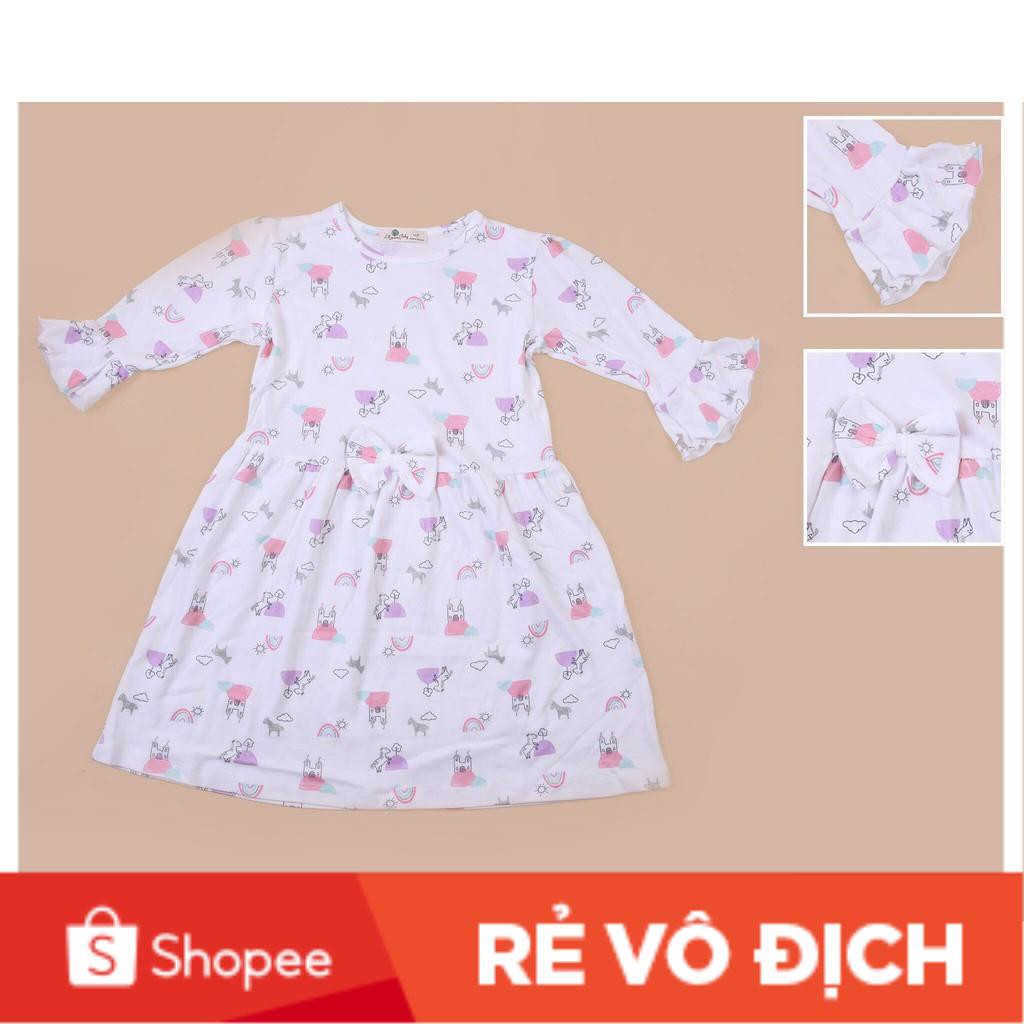 Váy cotton  tay loe nơ eo bé gái size 1-5T, cho bạn từ 9-18kg. Chất cotton dày dặn, đanh tay. Kiểu dáng đẹp