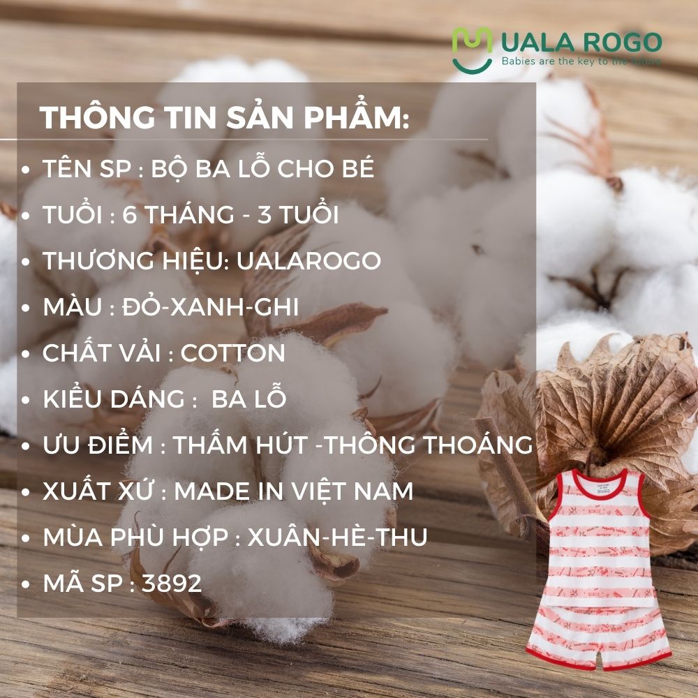 Quần áo bé trai 3 lỗ cộc tay Ualarogo 6 tháng-3 tuổi cotton thoáng mát kẻ ngang 3892