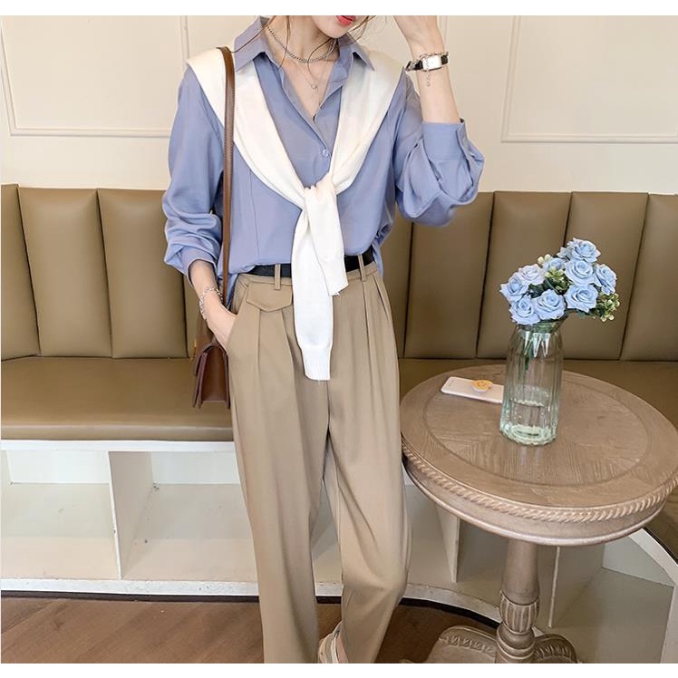 Áo Sơ Mi Tay Dài Dáng Rộng Màu Trơn Thiết Kế Đơn Giản Thời Trang Mới Cho Nữ