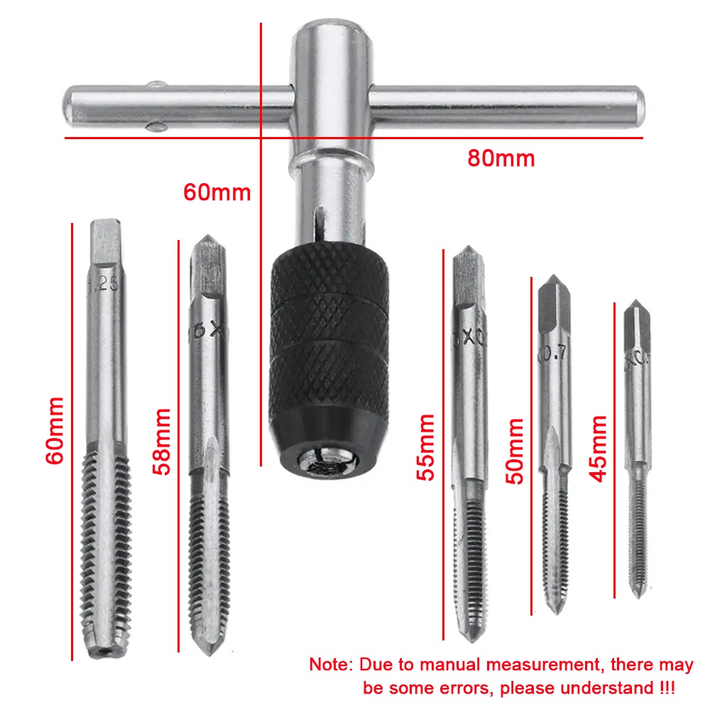 Metric Standard 6Pcs M3-M8 Tap Drill Set T Handle Ratchet Tap Wrench Machinist Tool With Screw Tap Hand Alloy Steel