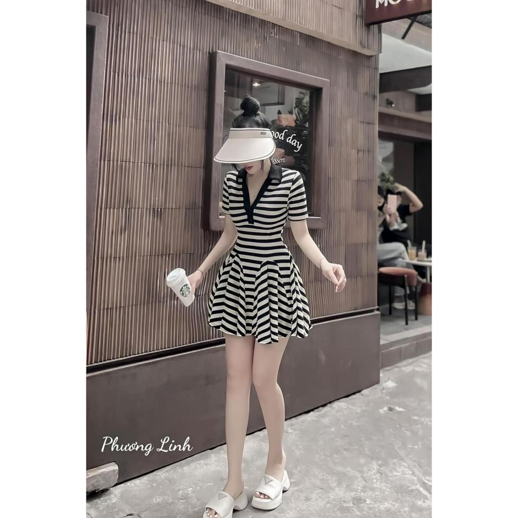 Đầm xoè phối trụ nút cổ tim phom ngắn chất thun gân thích hợp mặc đi làm đi chơi phù hợp với mọi phong cách