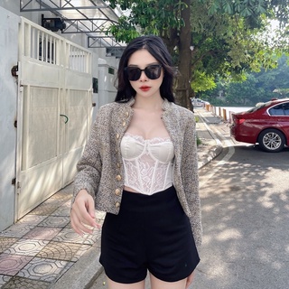 Áo khoác dạ tweed xám cúc vàng